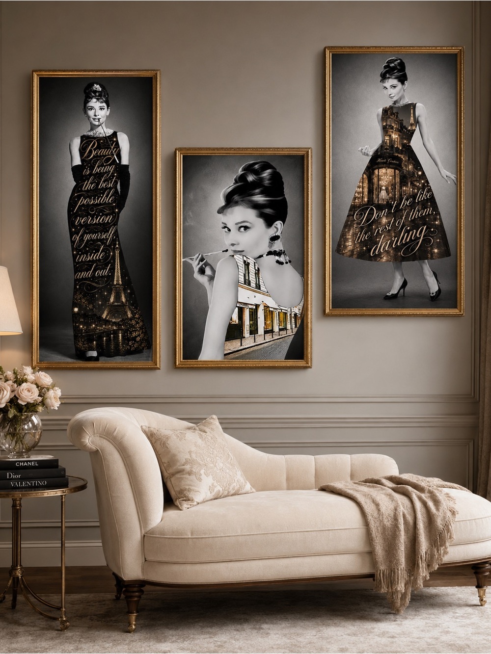 Oh, Darling™ Audrey-Inspired Paris Fashion Wall Art Set of 3 Black Gold Prints
